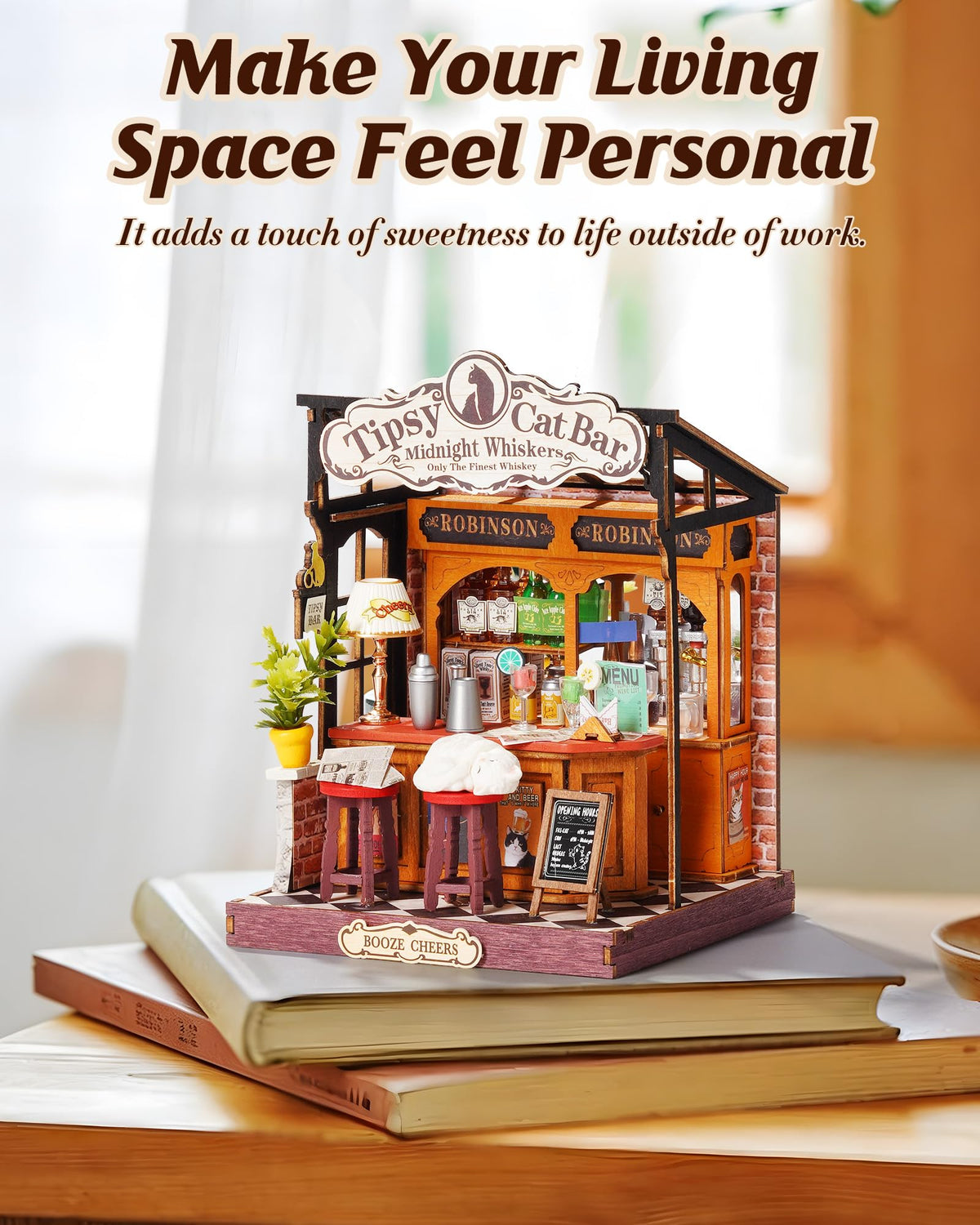 Rolife Tipsy Cat Bar: themed décor accessories to personalize the mini scene.