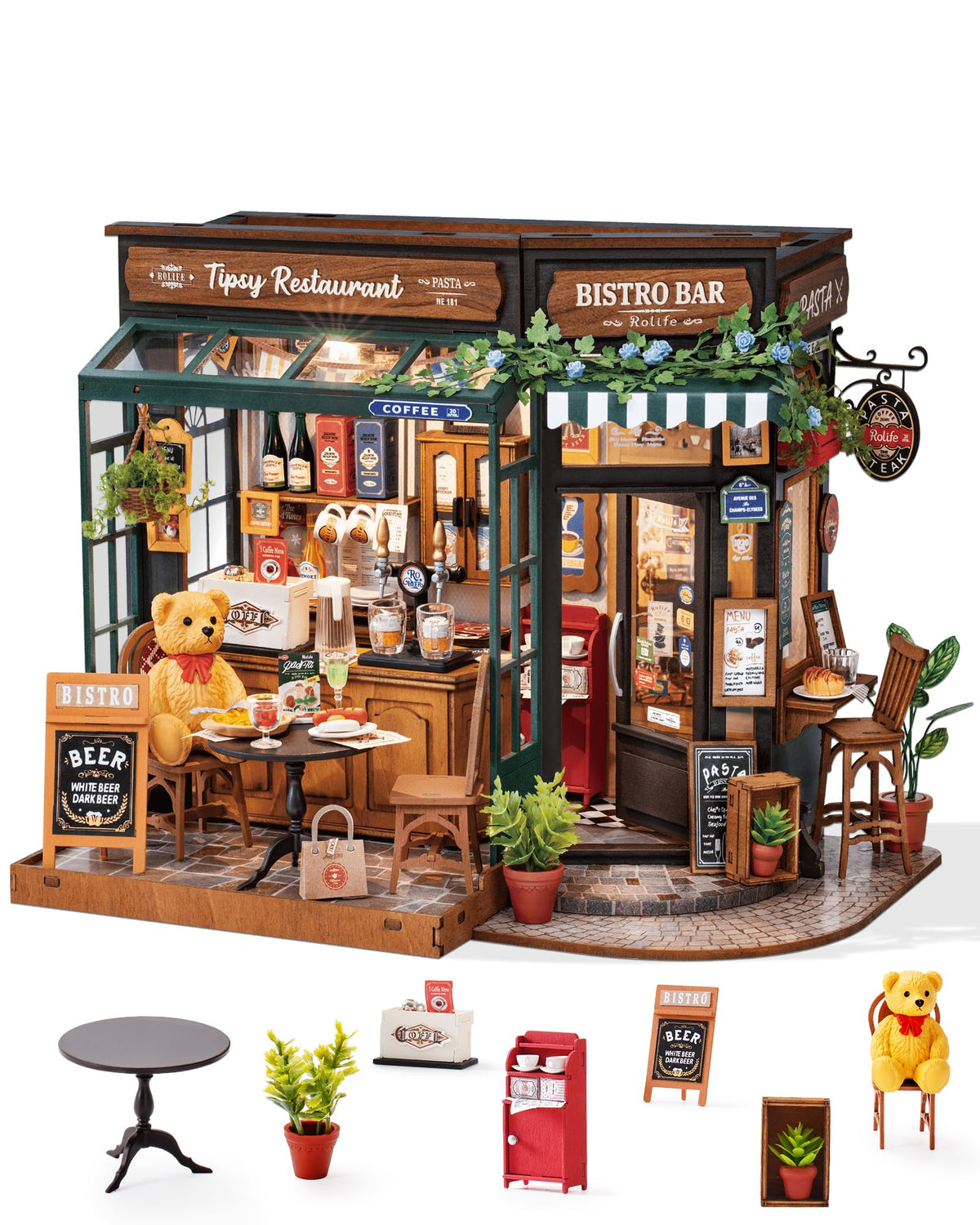 Rolife Tipsy Restaurant dollhouse facade for display