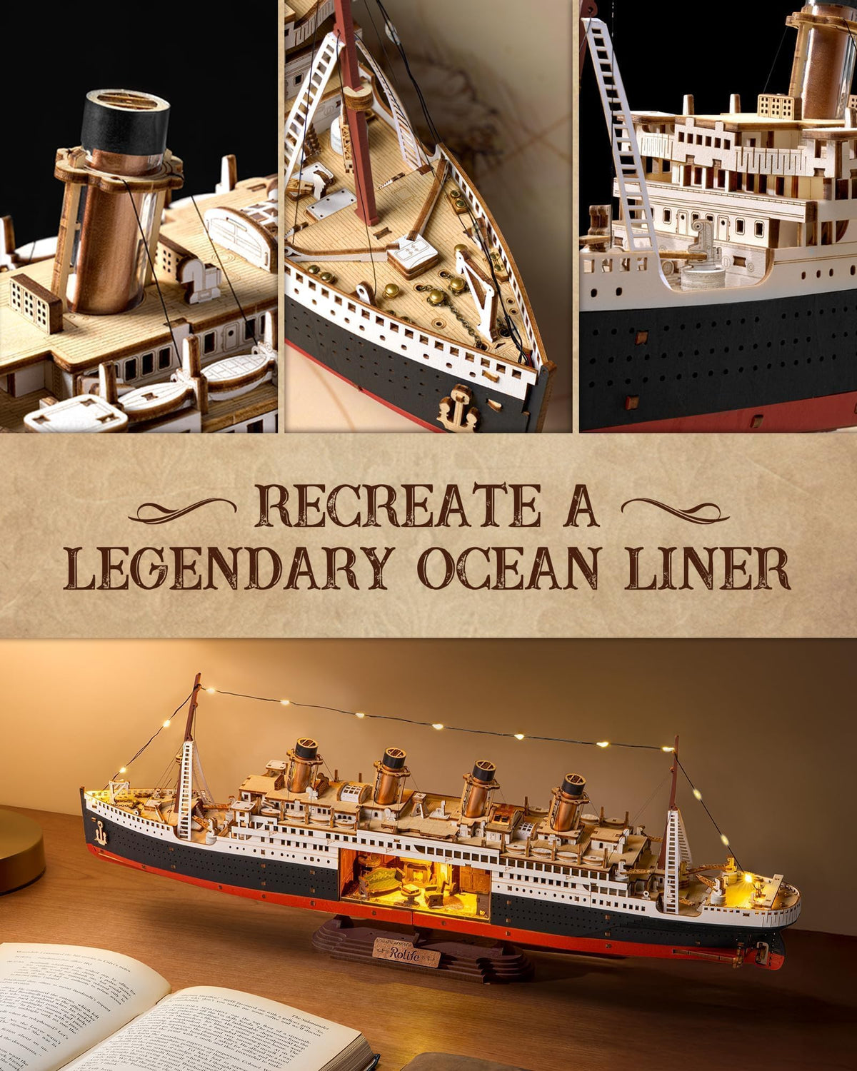 Rolife Titanic cabin interior lighting highlights intricate details.