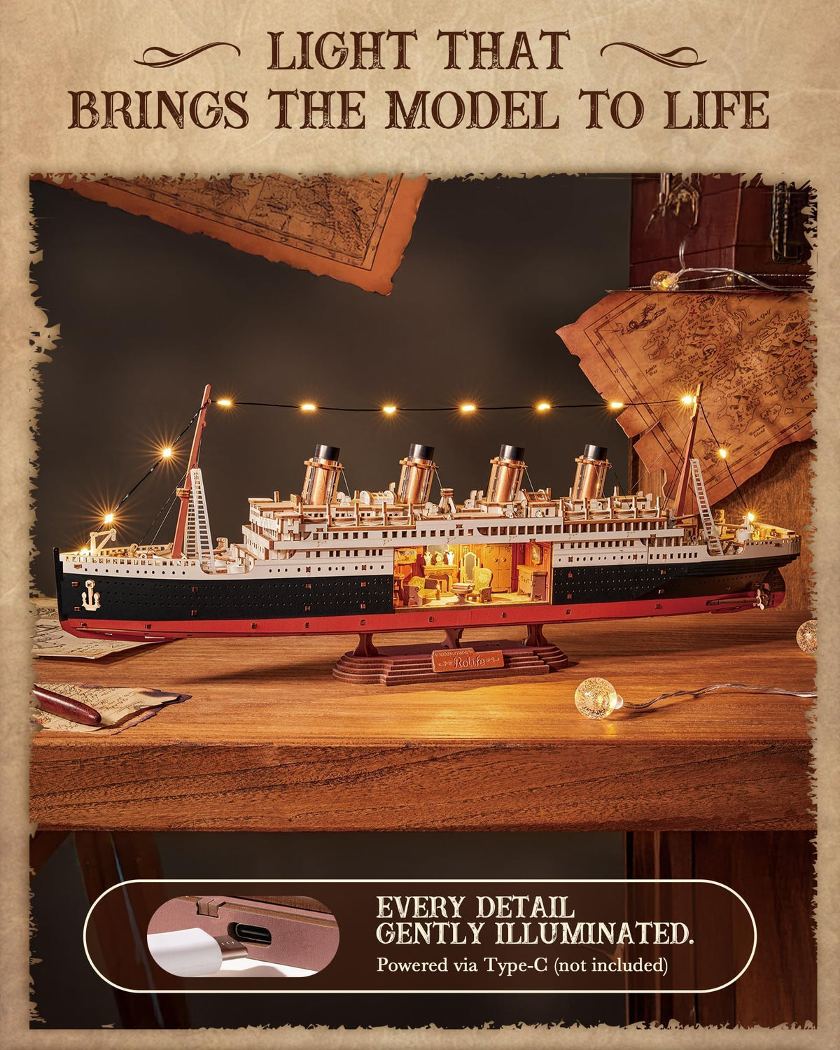 Rolife Titanic deck LED lighting creates warm, inviting desk ambiance.