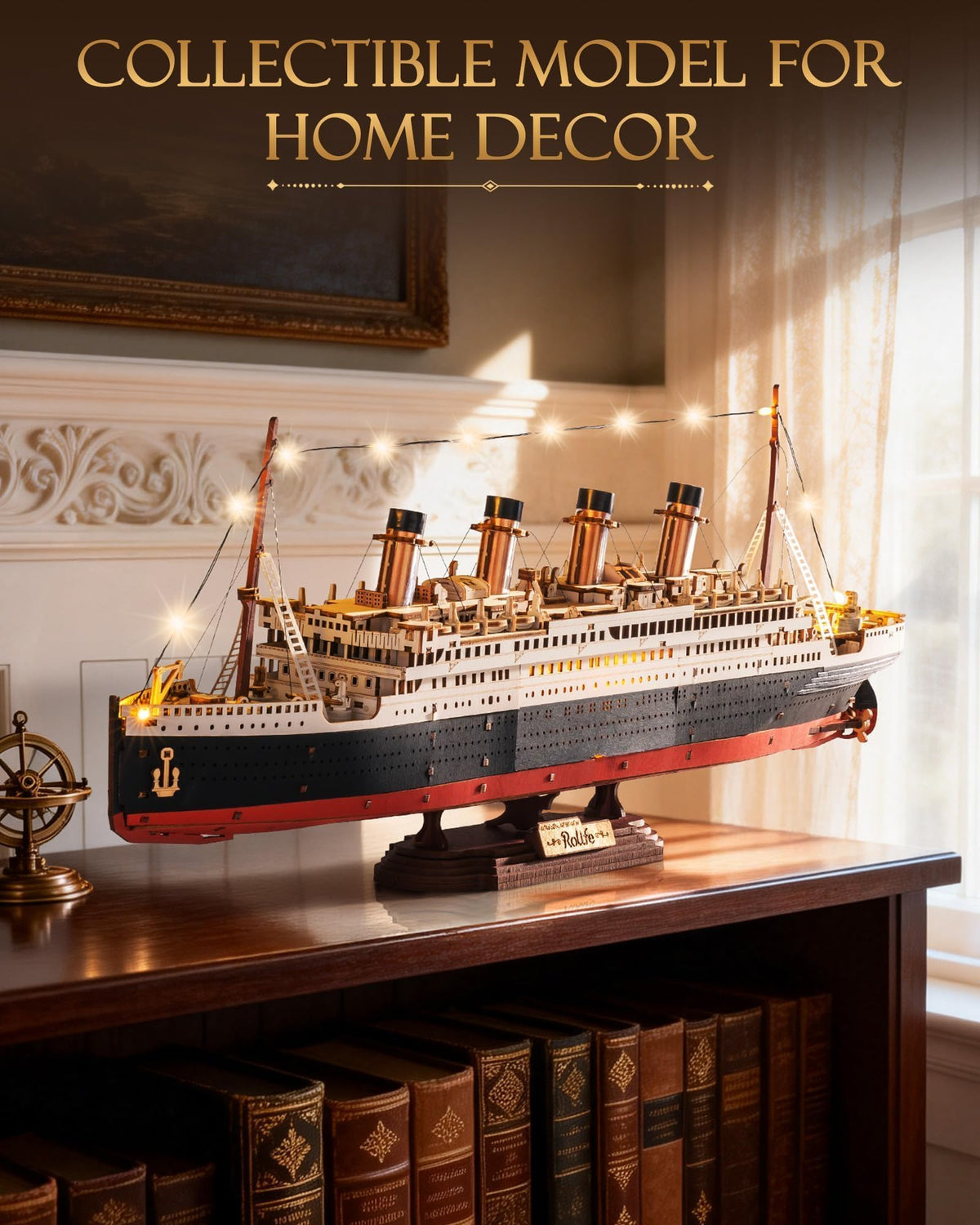 Rolife Titanic model on display, a decorative shelf centerpiece