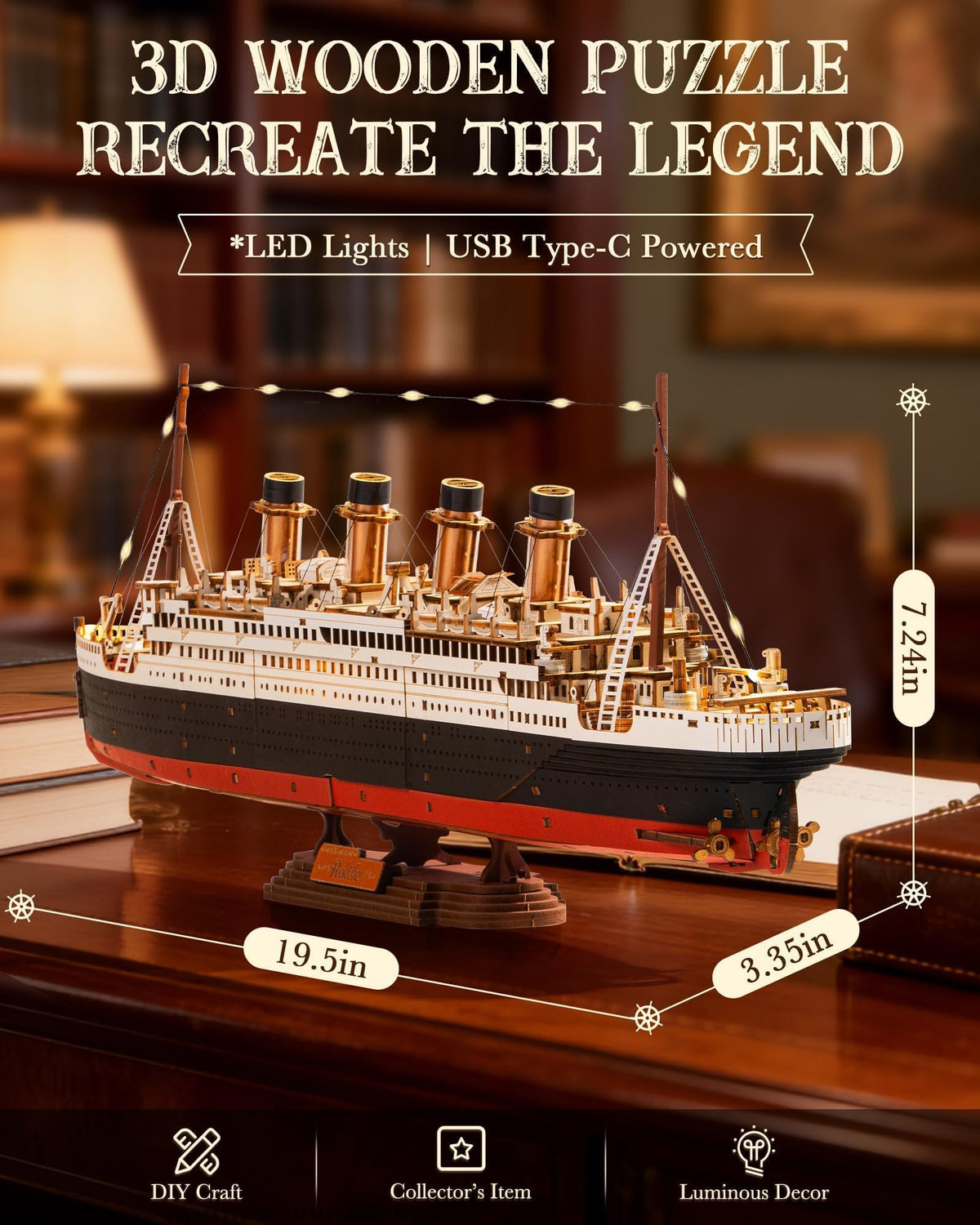 Rolife Titanic forefunnels detail showcases authentic maritime craftsmanship.