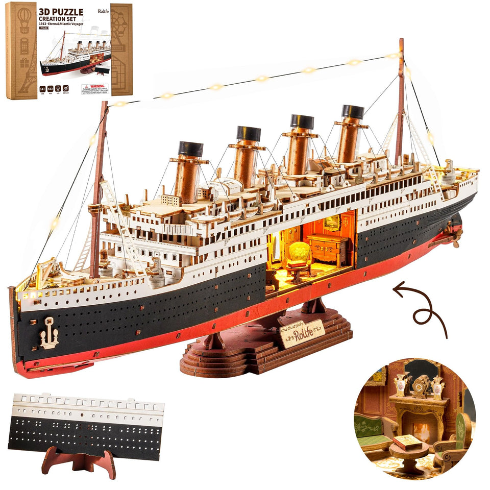 Rolife Titanic model hull silhouette enhances a classic desk display.