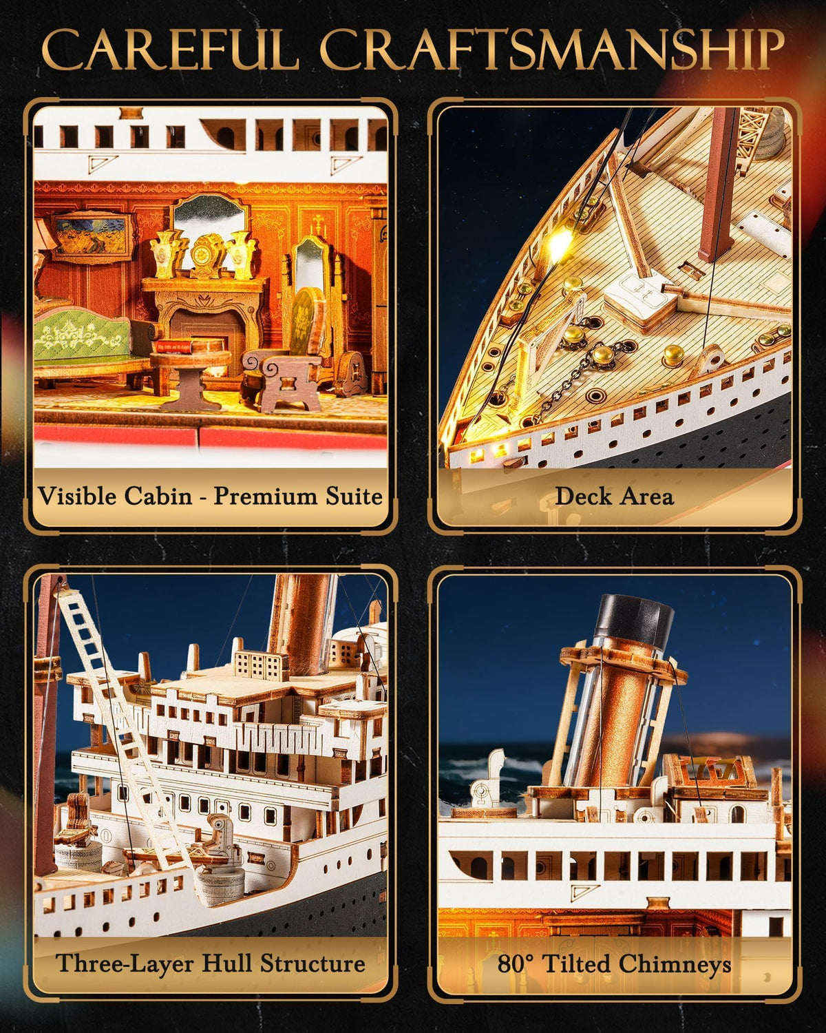 Rolife Titanic precision wooden pieces ensure easy, satisfying construction