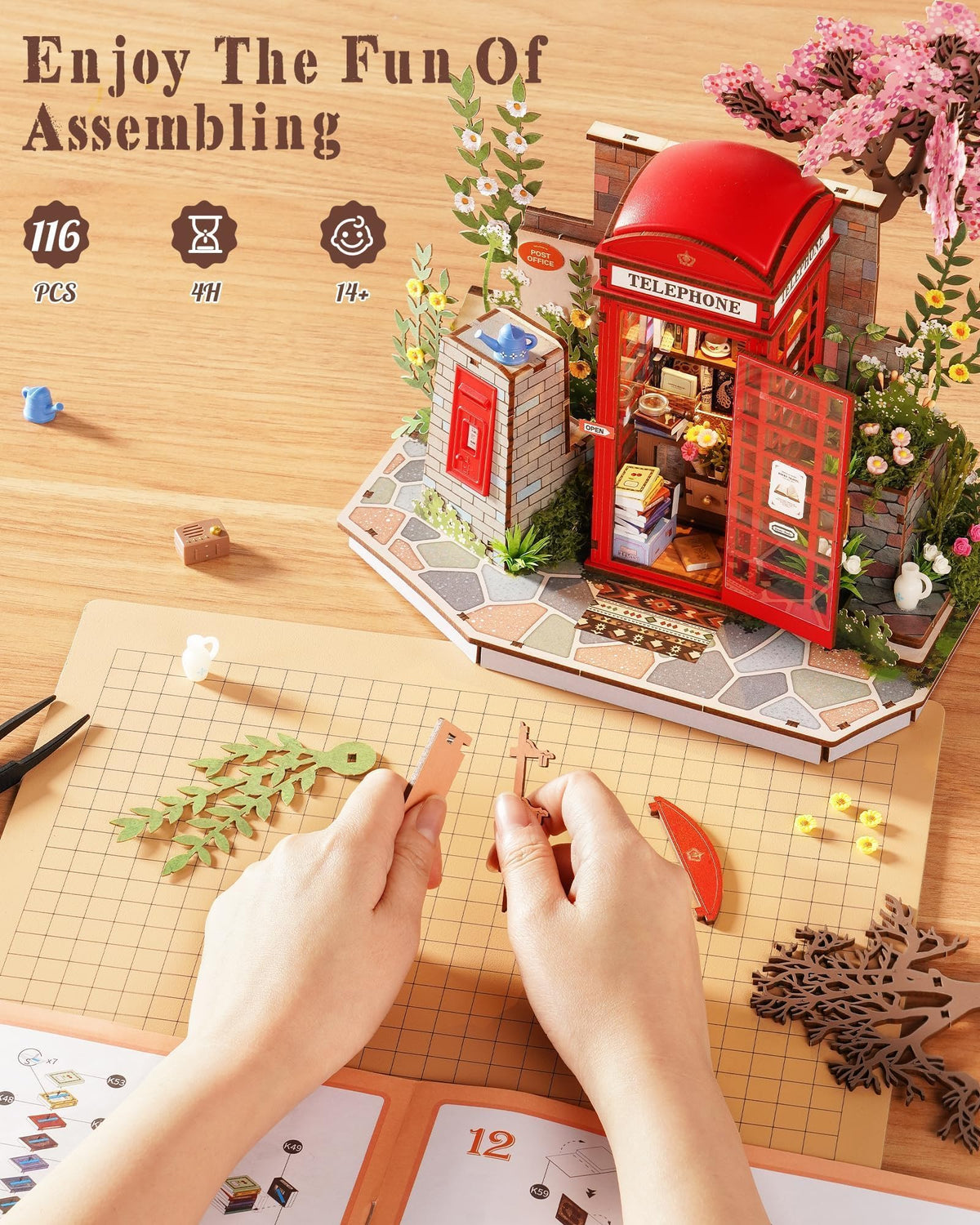Rolife 116-piece wooden set ensures precise interlocking without glue for a clean build.