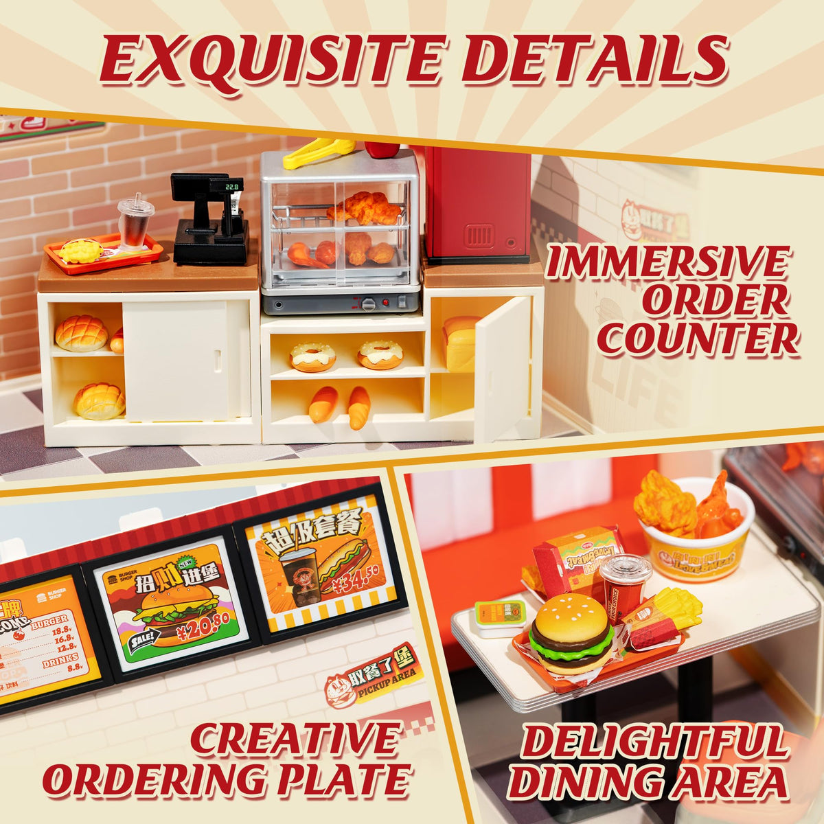Rolife Yum Yum Burgers kit with color instruction supports easy, precise assembly.