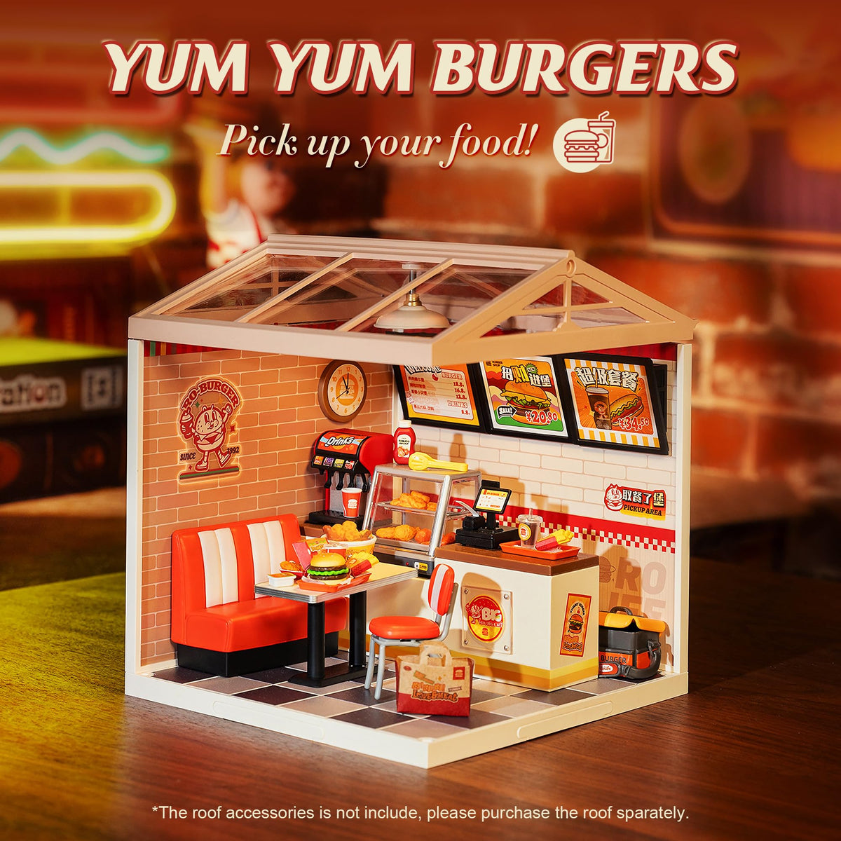 Rolife Yum Yum Burgers LED light detail brightens nighttime diorama for showcases.