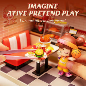 Rolife Yum Yum Burgers mini figures displayed beside the scene.