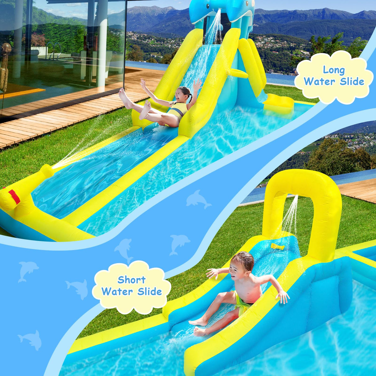 Rolonal 18ft-x-15ft water park demonstrates spacious play space for kids party days.