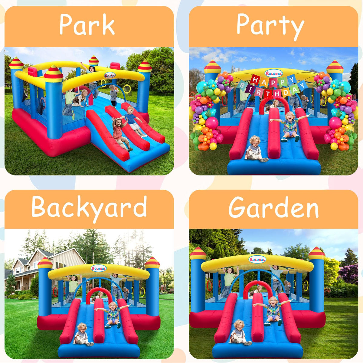 Rolonal bounce house with double basketball hoops for friendly dunk contests