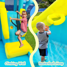 Rolonal climbing wall with water spray keeps children engaged in safe elevated adventure.