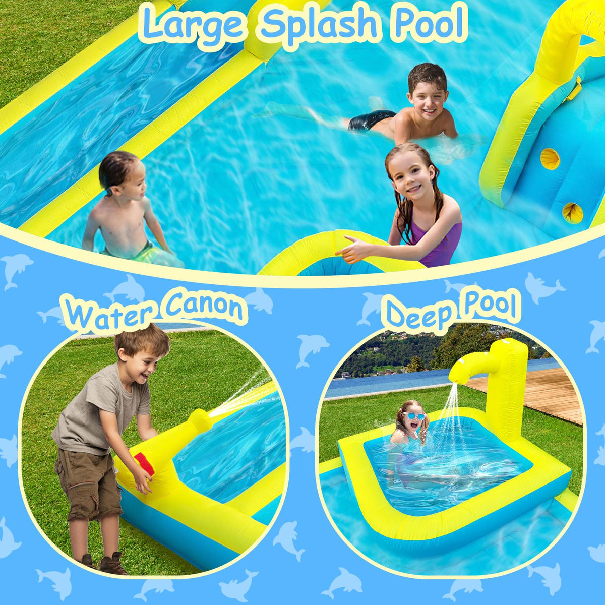 Rolonal long slides and paddling pool offer dynamic, supervised play after climbing.