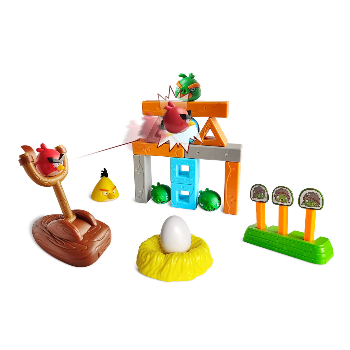 ROLOSO Angry Birds pig city strike setup shows colorful bricks for creative play.
