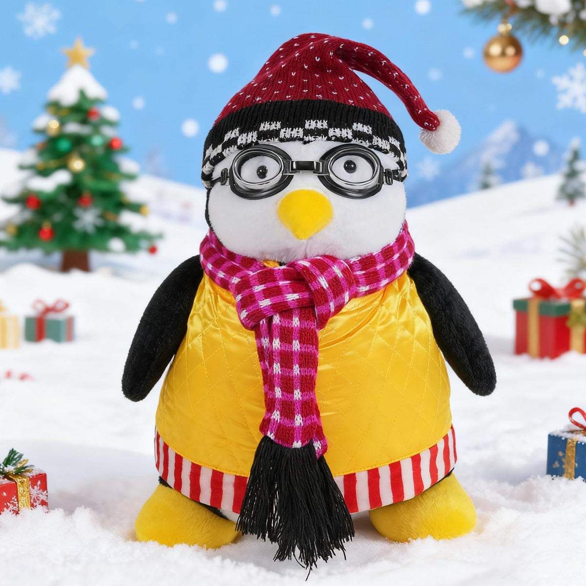 Festive décor penguin plush adds warmth to Christmas and seasonal tables.