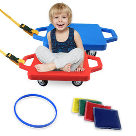 Romrex two plastic scooter boards with handles ready for indoor and outdoor play.