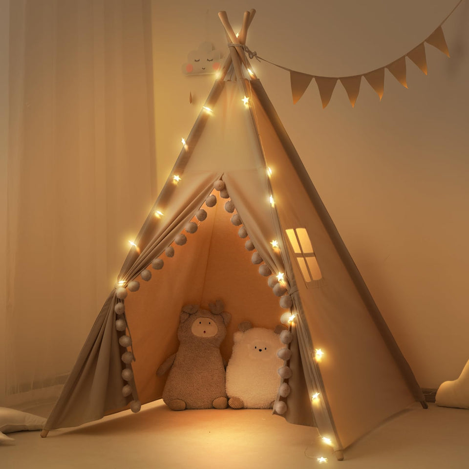 RONGFA kids teepee with lights and pompoms creates a cozy imaginative play zone.