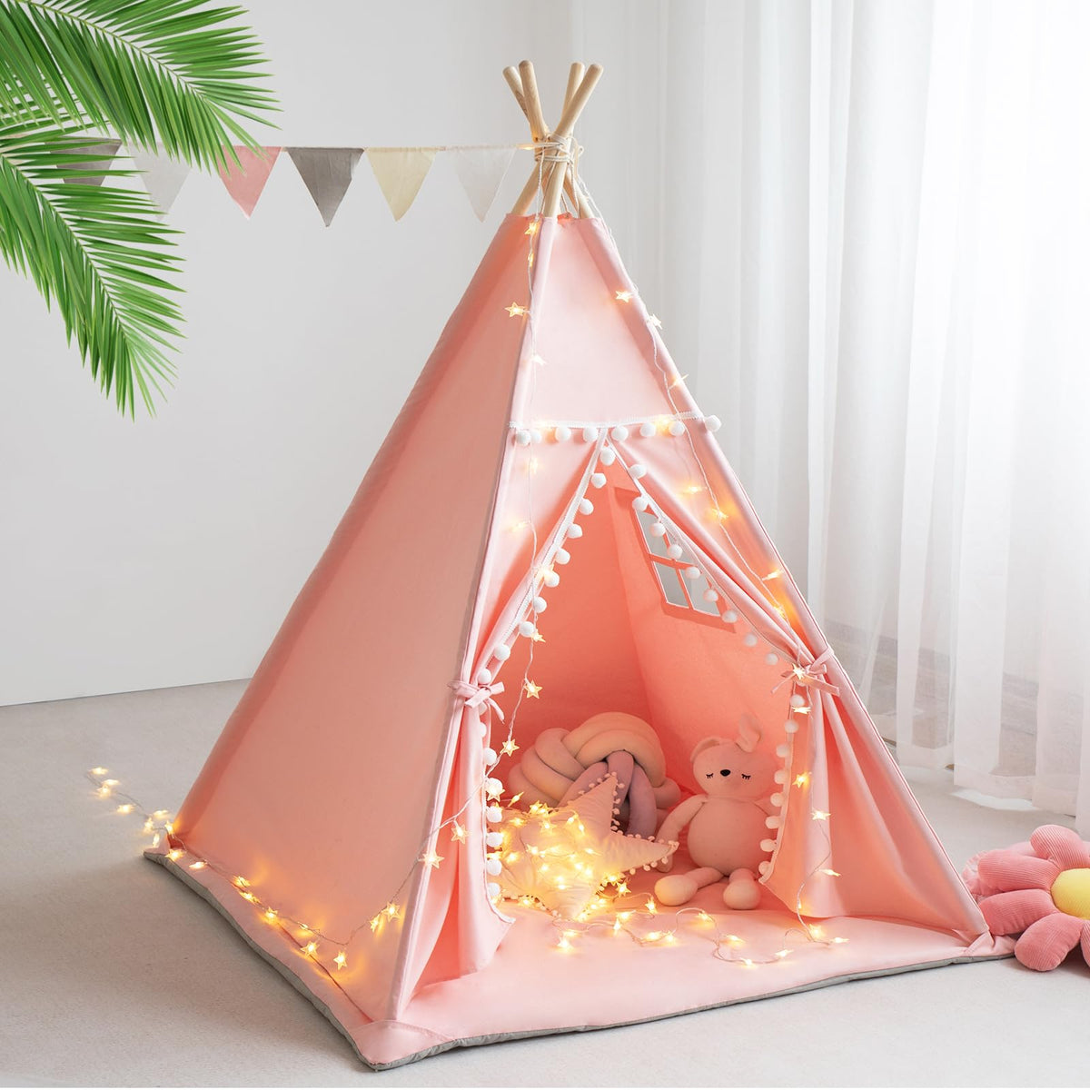 RONGFA teepee tent for kids pink front view creating a cozy play space