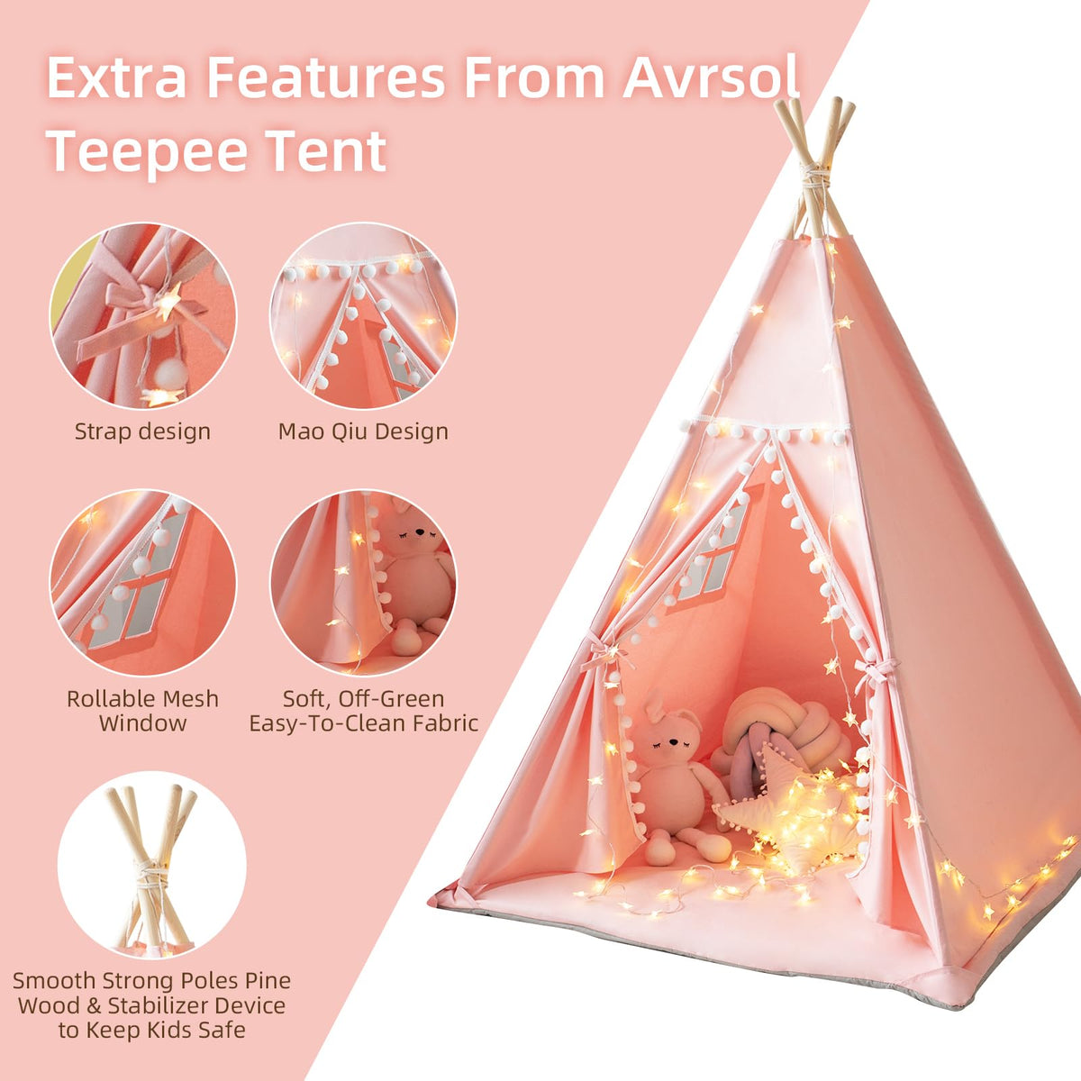 RONGFA teepee tent pink interior view shows spacious play area