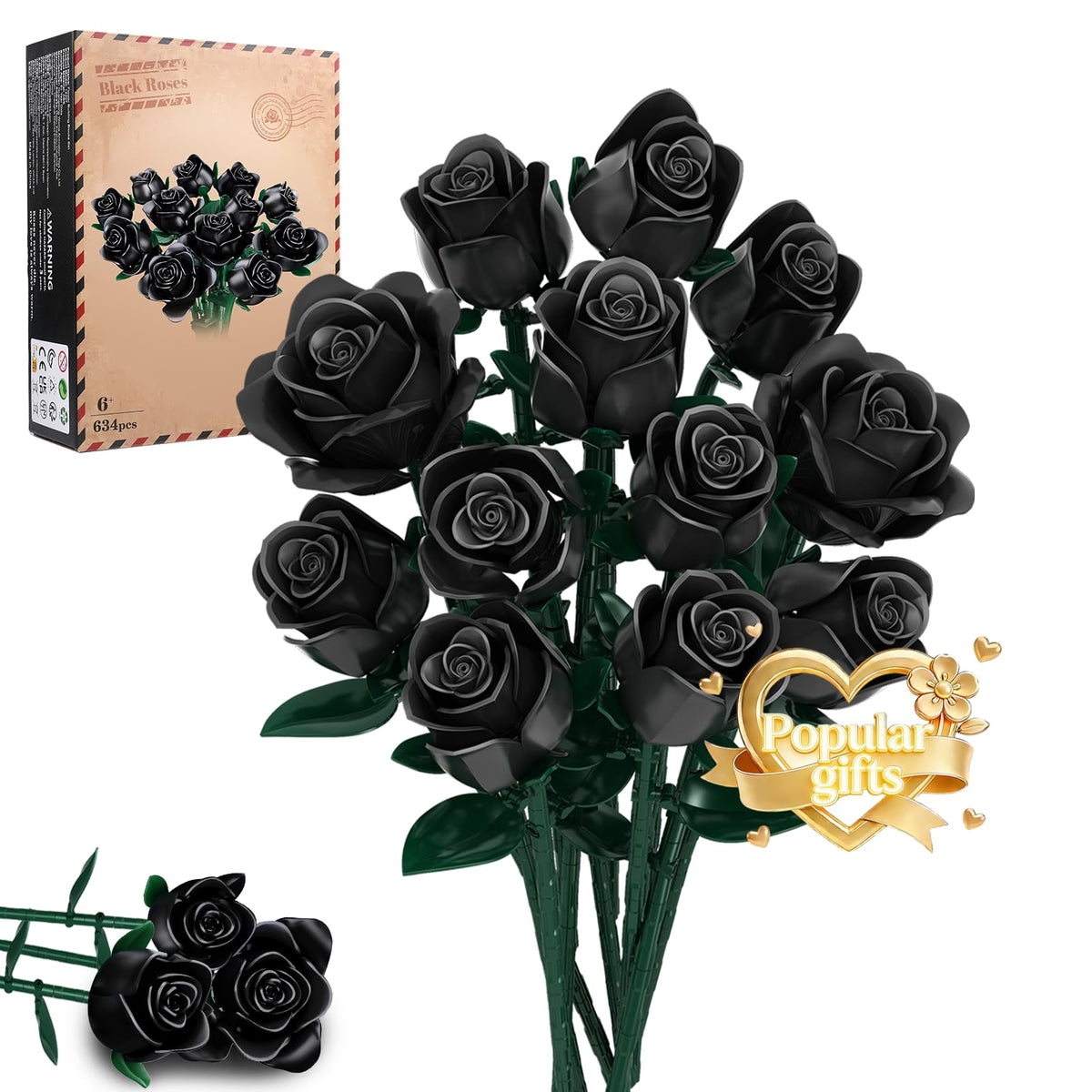 Rongmeiz Mother's Day black rose bouquet 634 pcs assembly kit boosts creativity and fine motor skills.