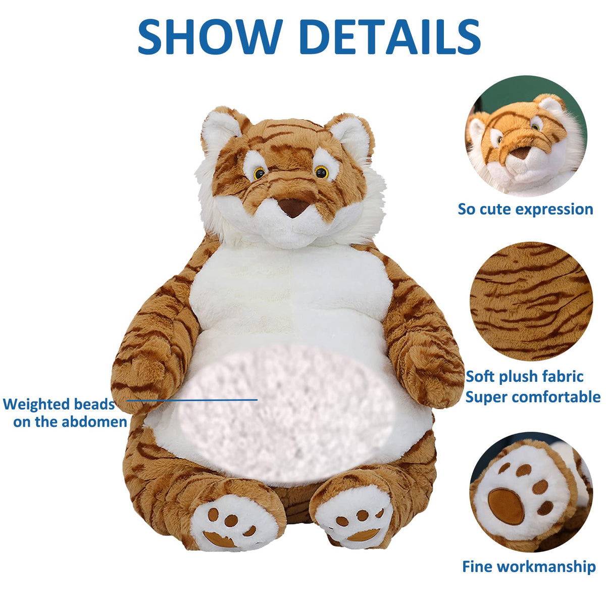 Ronivia 17-inch tiger weighted plush for relaxing rest and bedtime comfort.