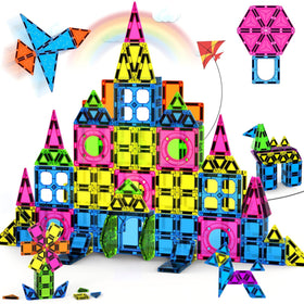 Ronqs 250-piece tiles arranged into a castle promoting imaginative play and geometry.