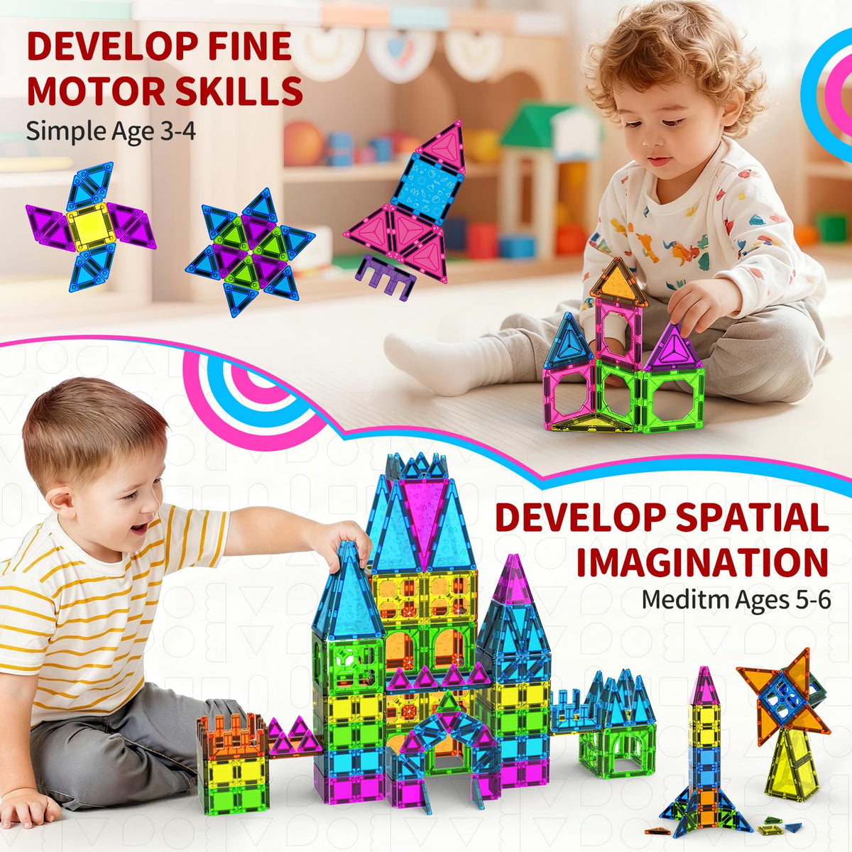 Ronqs colorful tiles with reusable stickers support pattern recognition and early math.