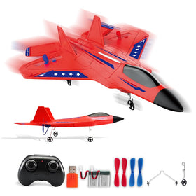 RoofWorld red RC plane with F-22 Raptor focus, ideal for beginners.