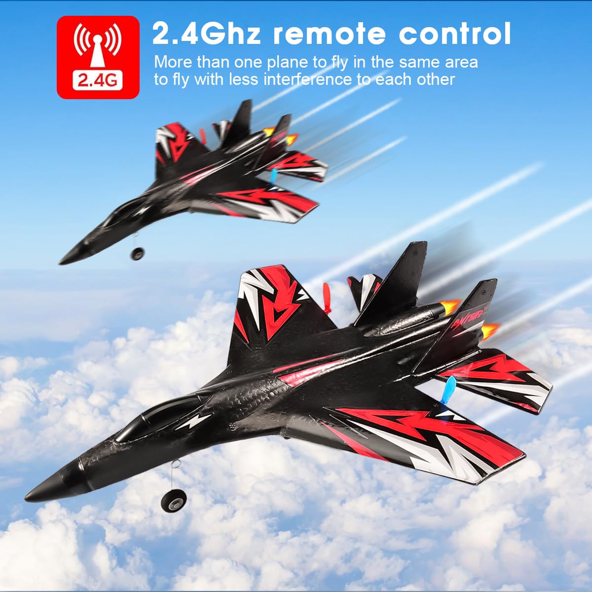 RoofWorld SU27 RC airplane battery pack extending playtime outdoors.