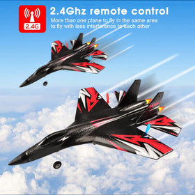 RoofWorld SU27 RC airplane battery pack extending playtime outdoors.