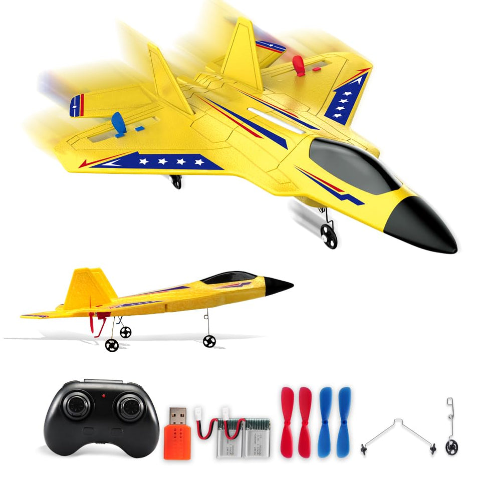  roofworld yellow rc plane front view with landing gear for stable takeoffs