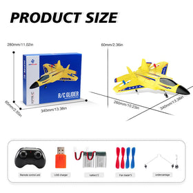 roofworld yellow rc plane left-side angle with vibrant LEDs for night flights