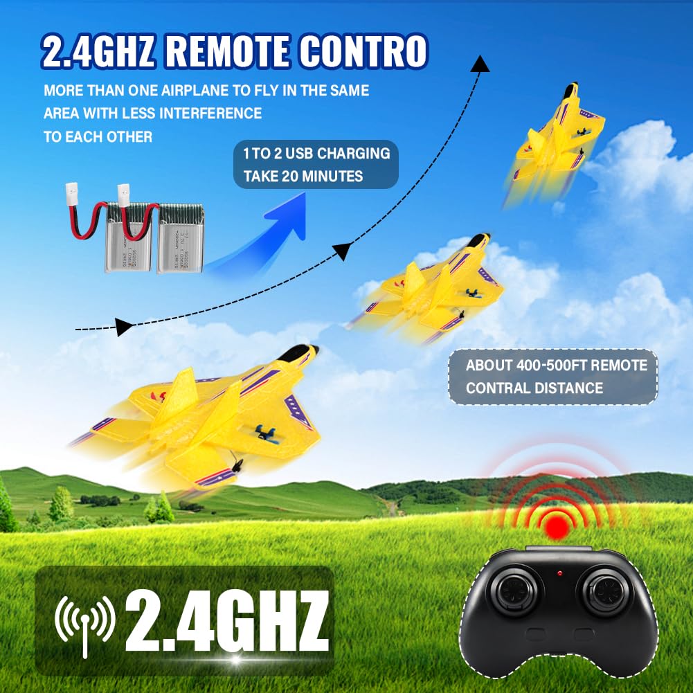 roofworld yellow rc plane mid-air demonstrating precise 2.4GHz control