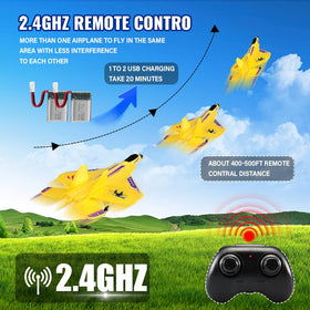 roofworld yellow rc plane mid-air demonstrating precise 2.4GHz control