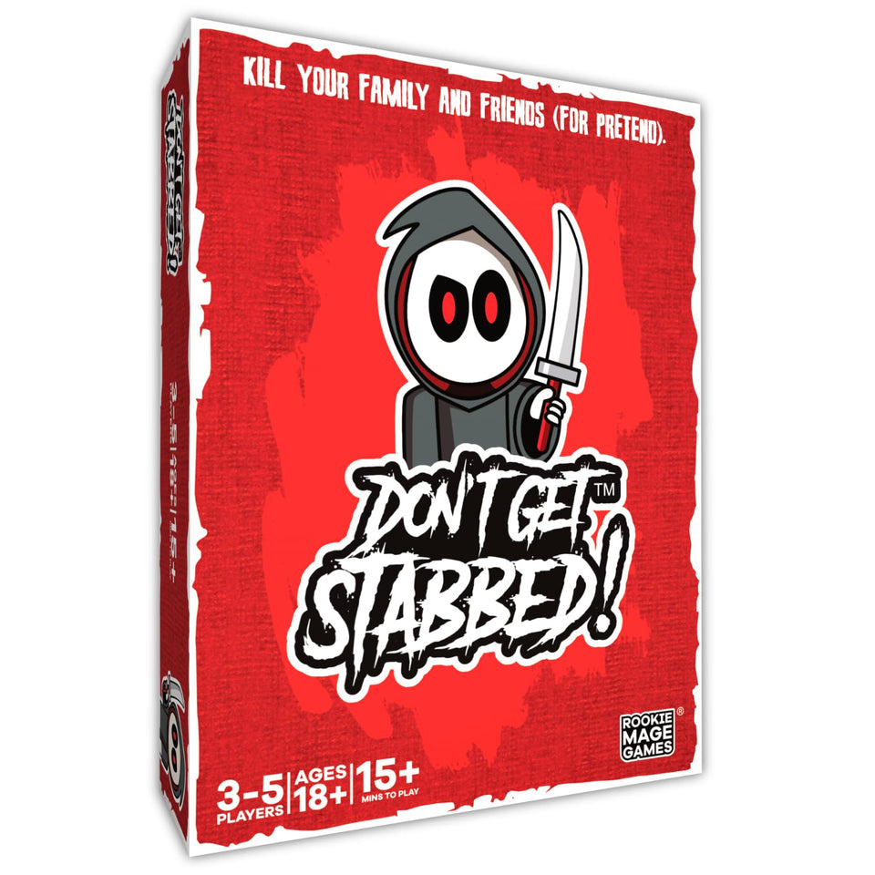 Rookie Mage Games Don't Get Stabbed main deck cards showcase horror-inspired visuals for an engaging game night