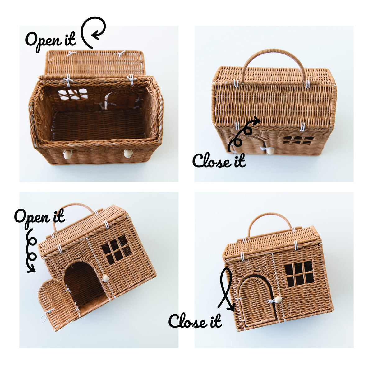 Rool rattan house basket door open, sturdy weave supports frequent use