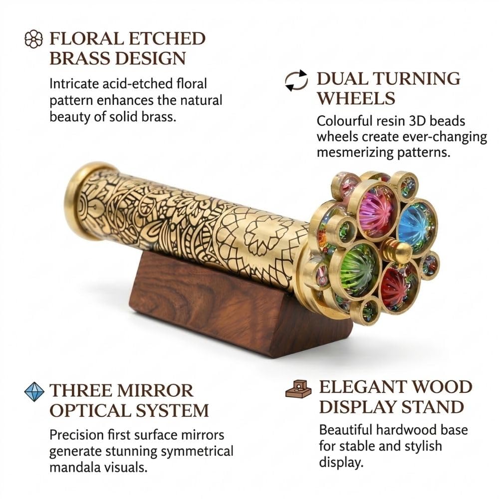 ROORKEE kaleidoscope brass turning wheels create colorful patterns for viewing