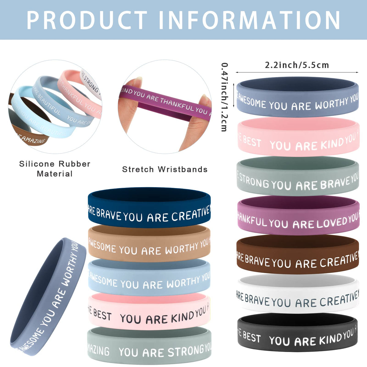 Roowest silicone wristbands with twelve messages offer colorful, durable inspiration.