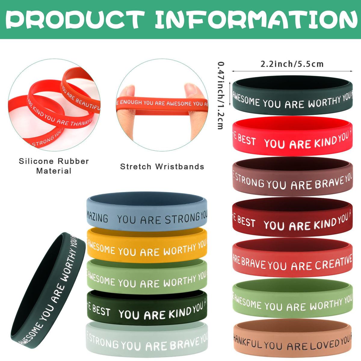 Roowest inspirational wristbands showing 12 styles with colorful quotes for classroom rewards
