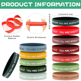 Roowest inspirational wristbands showing 12 styles with colorful quotes for classroom rewards
