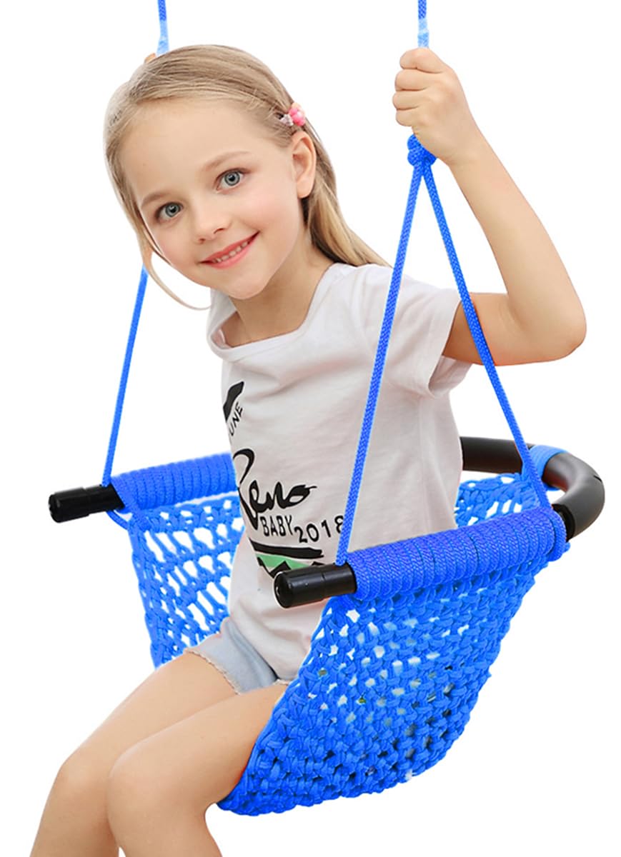 ROPECUBE hand-knitting toddler swing blue seat provides cozy comfort during outdoor play