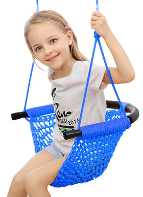 ROPECUBE hand-knitting toddler swing blue seat provides cozy comfort during outdoor play