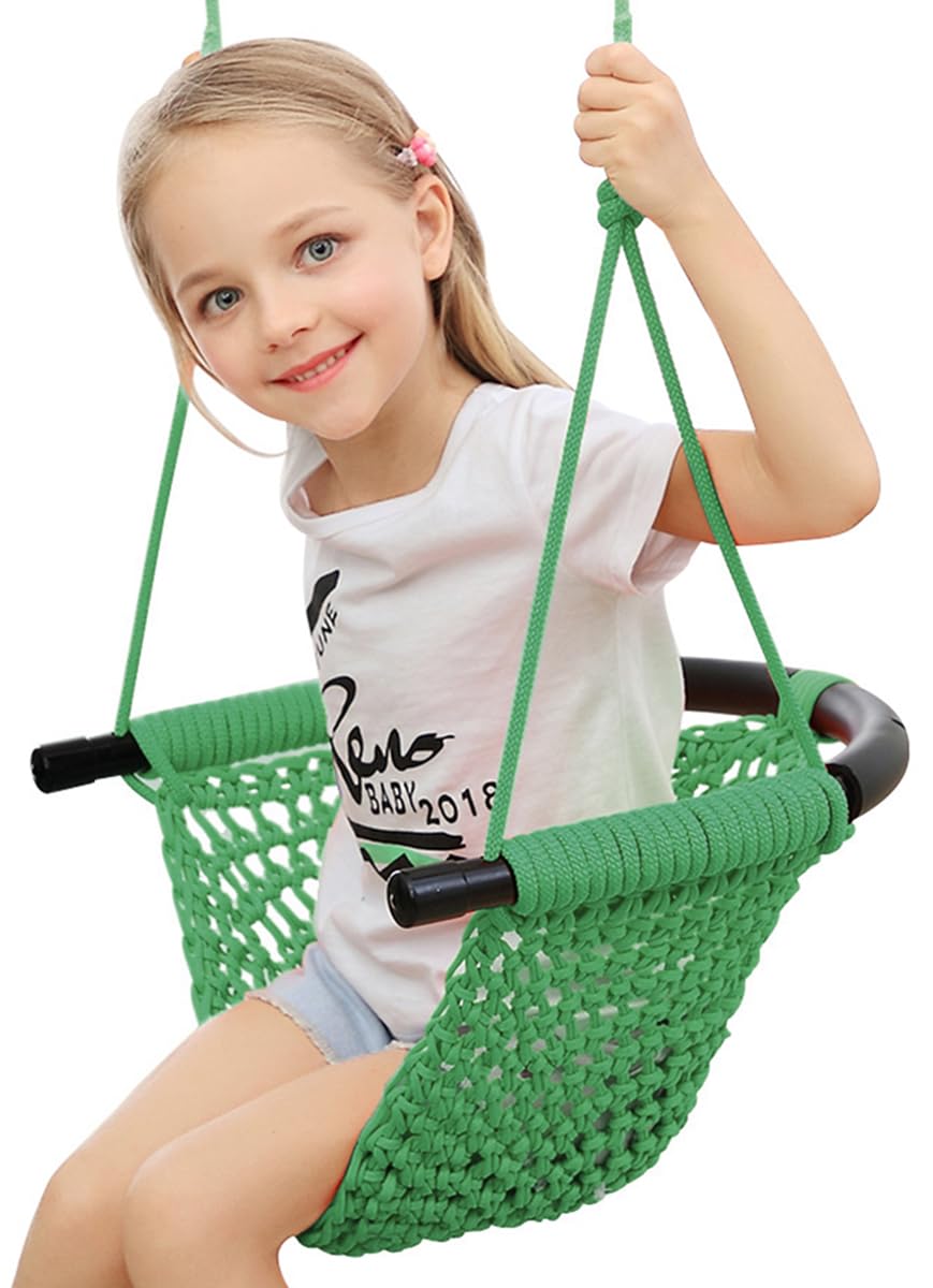 ROPECUBE hand-knitting toddler swing seat offers soft, breathable comfort for outdoor play.