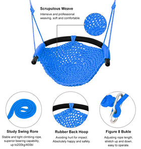 ROPECUBE blue swing seat creates a cheerful backyard playground vibe
