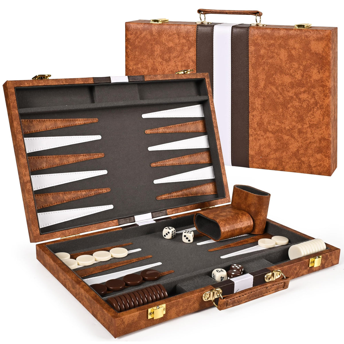 ropoda Backgammon board in a closed leather case, ideal for travel and storage.