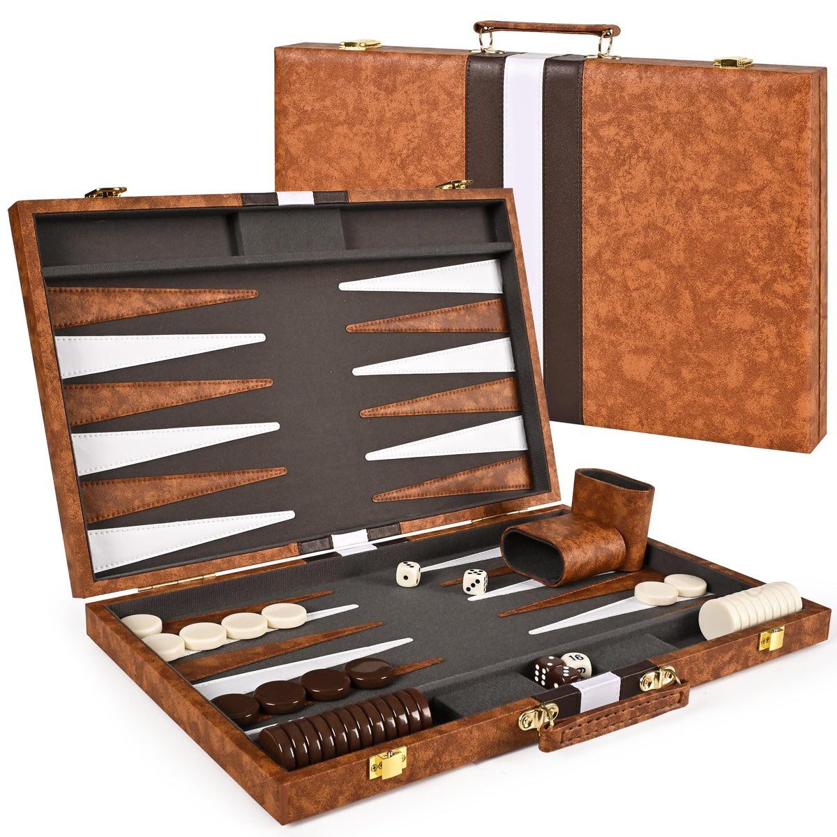 Ropoda backgammon board set in closed leather case for travel convenience.