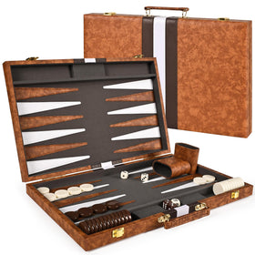 Ropoda backgammon board set in closed leather case for travel convenience.