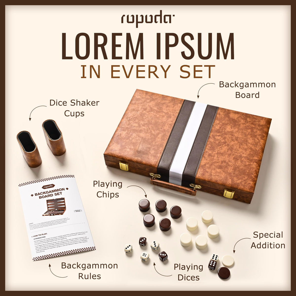 ropoda Backgammon leather buckle and handle for easy carrying.