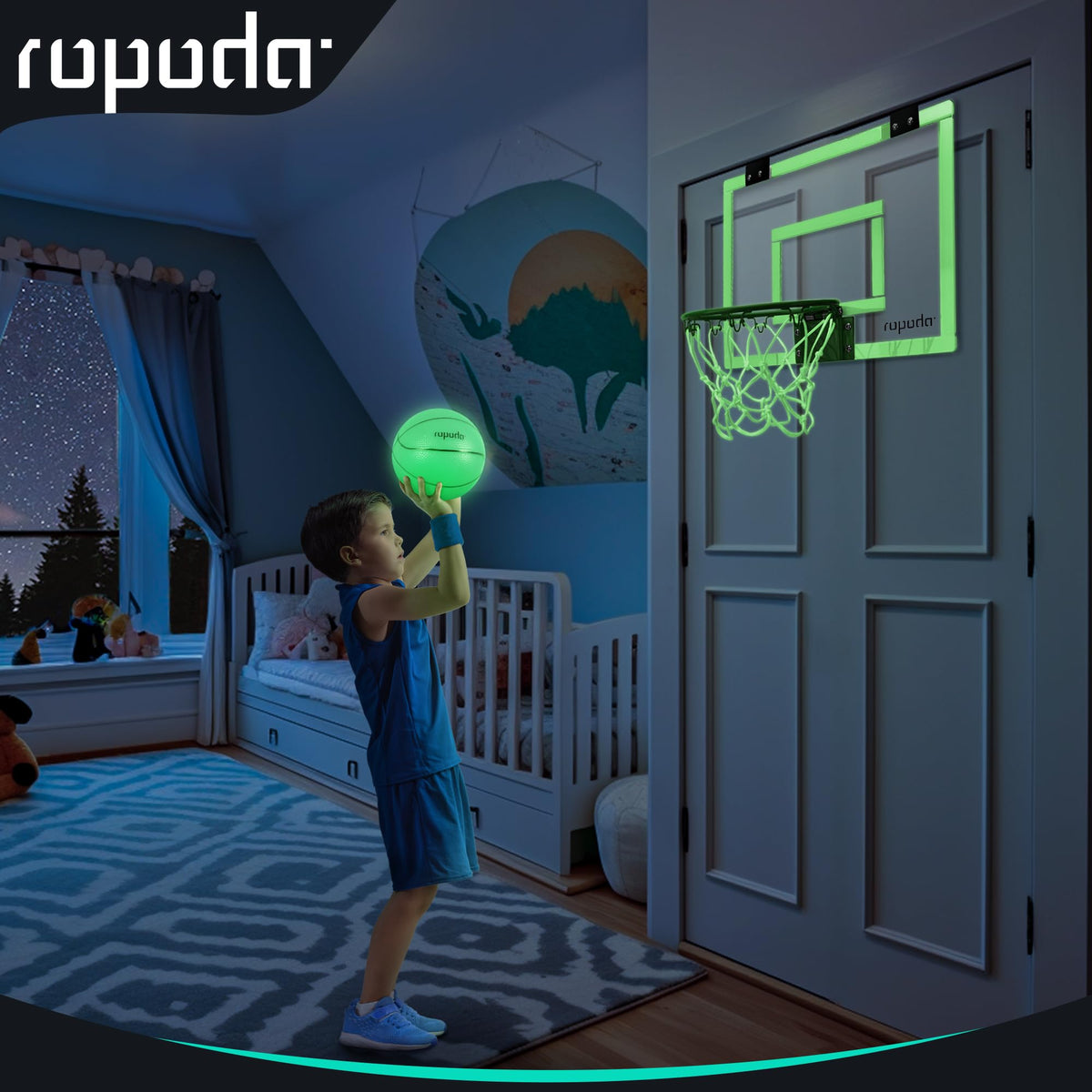 ROPODA glow-in-the-dark basketball ready for nighttime practice.