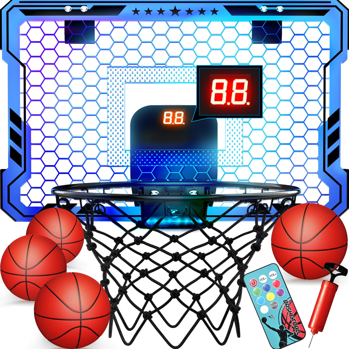 Ropoda indoor basketball hoop with 7-color LEDs for night play and scoring