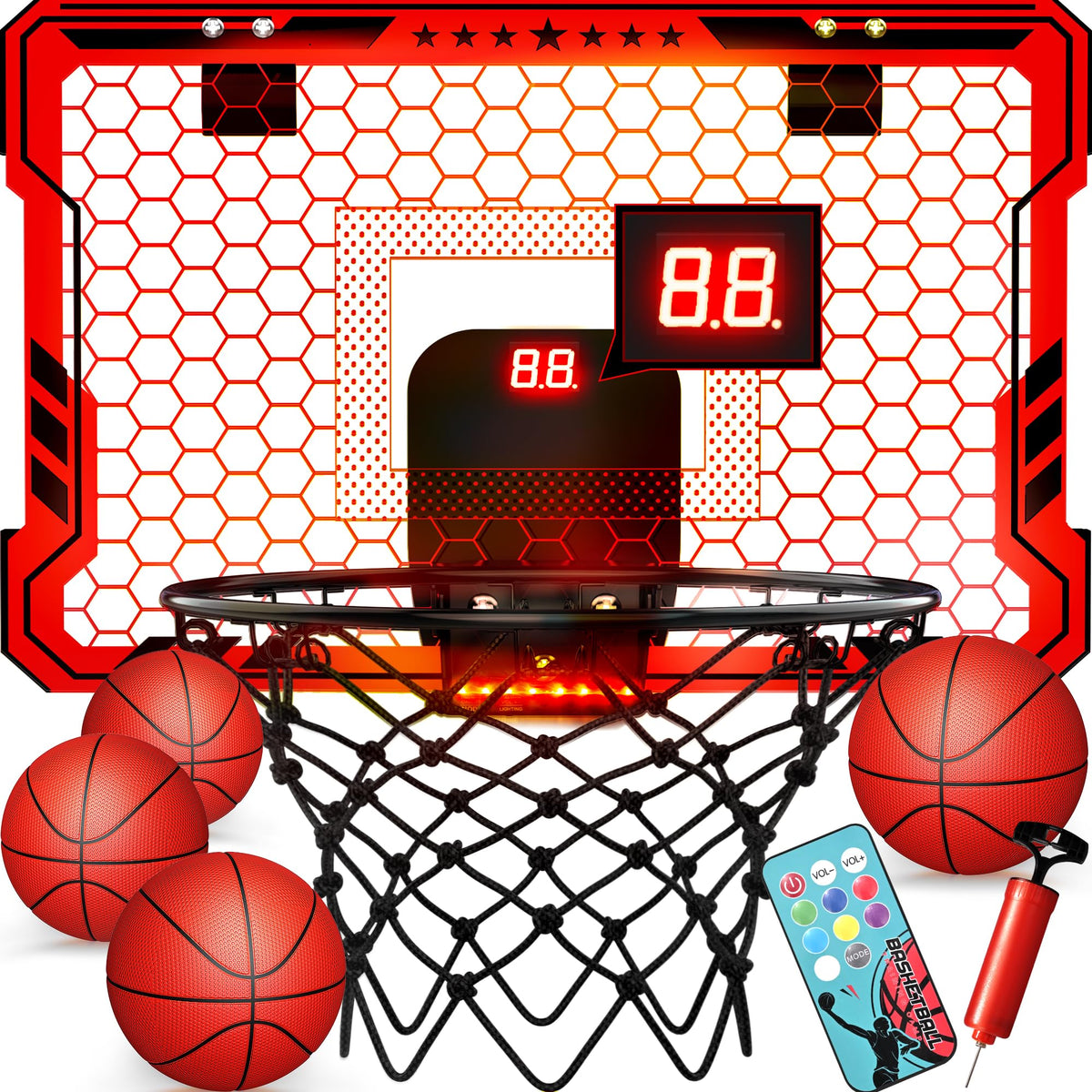 Ropoda indoor basketball hoop with 7-color LEDs for vibrant nighttime practice.